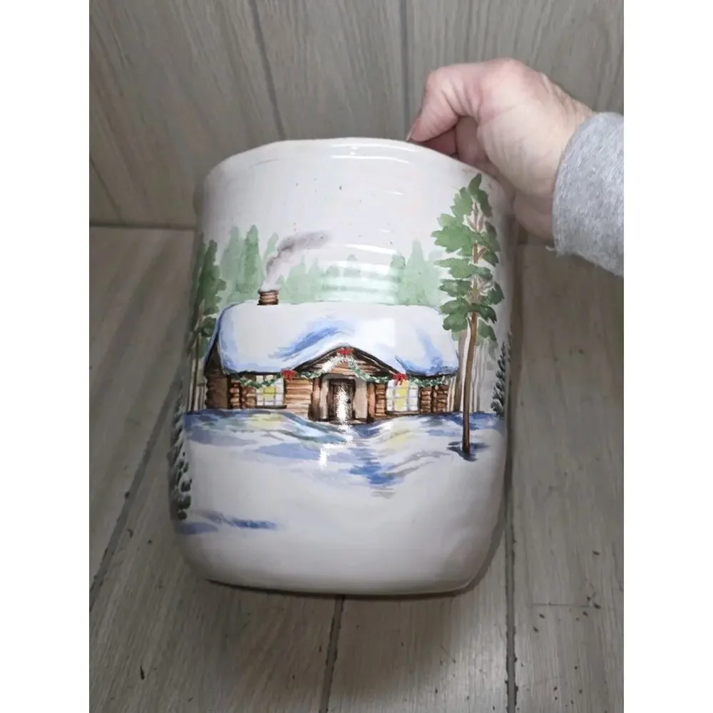 St. Nicholas Square Winter White Country Croc Jar Forest Cabin Deer Planter
